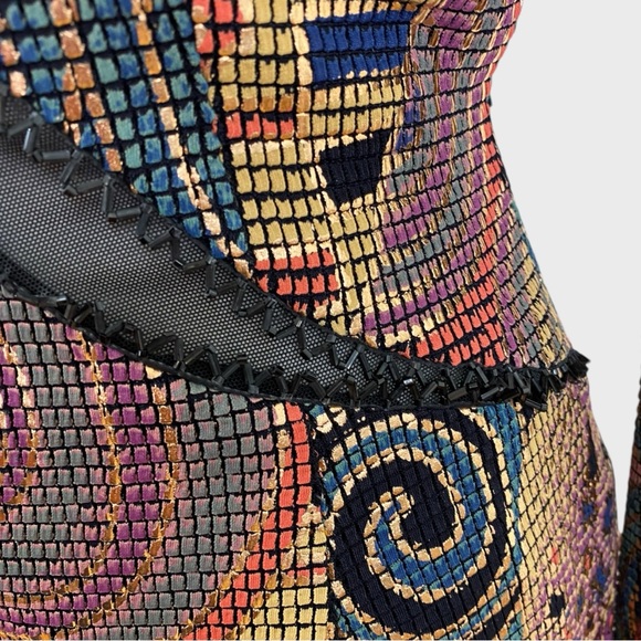 Vintage Multicolor Metallic Painted Bombshell Mesh Front Midi Dress Size Small - Picture 6 of 16